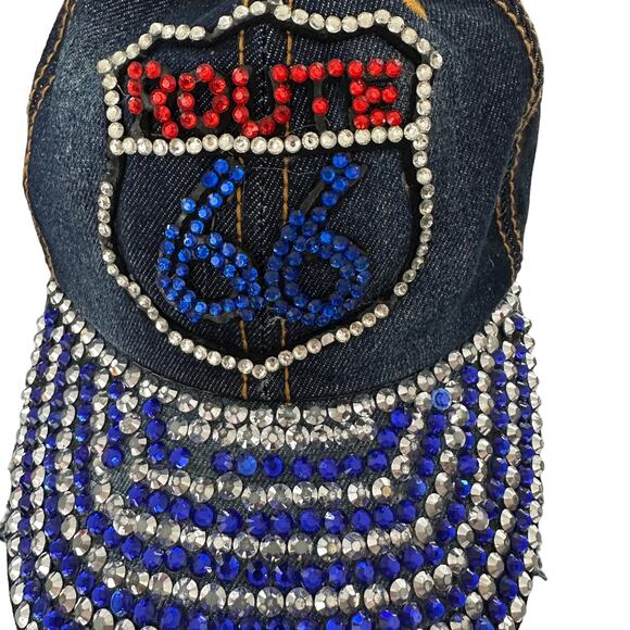 Route 66 Denim with Rhinestones Baseball Cap Retro Y2K USA American Flag - Picture 2 of 4